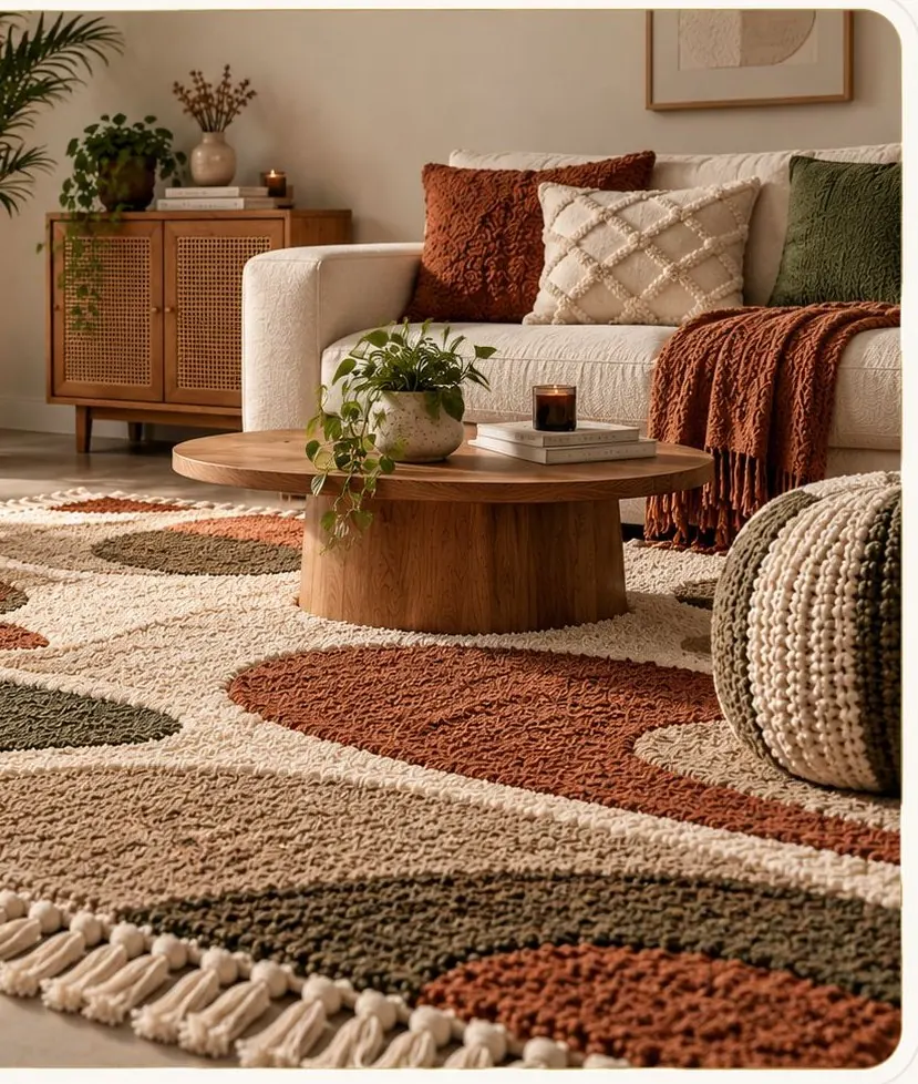 Room visualisation with a tufted rug, pouf and cushions